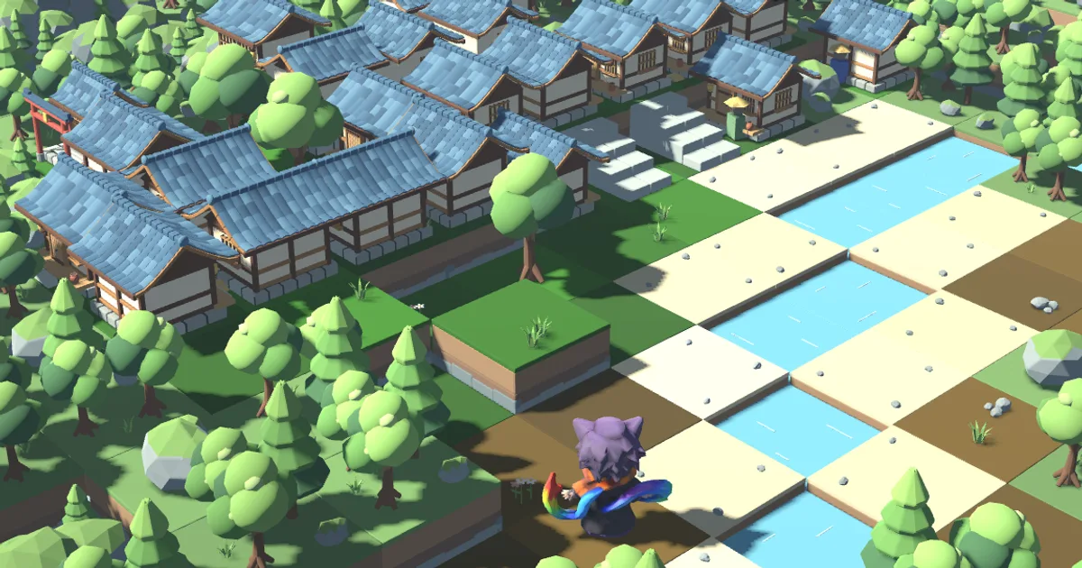 山あいの里に木造の民家や蔵、社が並ぶ、ローポリ3Dの箱庭ゲーム「里づくり」の画面